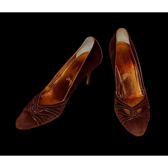 Dolce & Gabbana Brown Suede Gold Accent High Heel Shoes Size 38.5